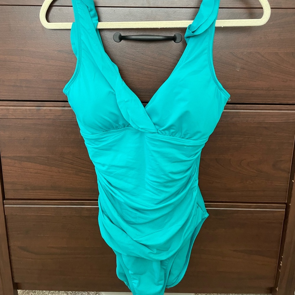 Beautiful turquoise Lauren one piece swimsuit with ruching